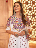 Stunning White Thread Embroidered Rayon Navratri Lehenga Choli With Koti