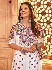 Stunning White Thread Embroidered Rayon Navratri Lehenga Choli With Koti