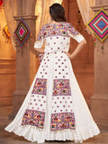 Stunning White Thread Embroidered Rayon Navratri Lehenga Choli With Koti