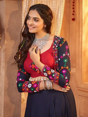 Navy Blue Thread Embroidered Rayon Navratri Lehenga Choli With Koti
