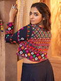 Navy Blue Thread Embroidered Rayon Navratri Lehenga Choli With Koti