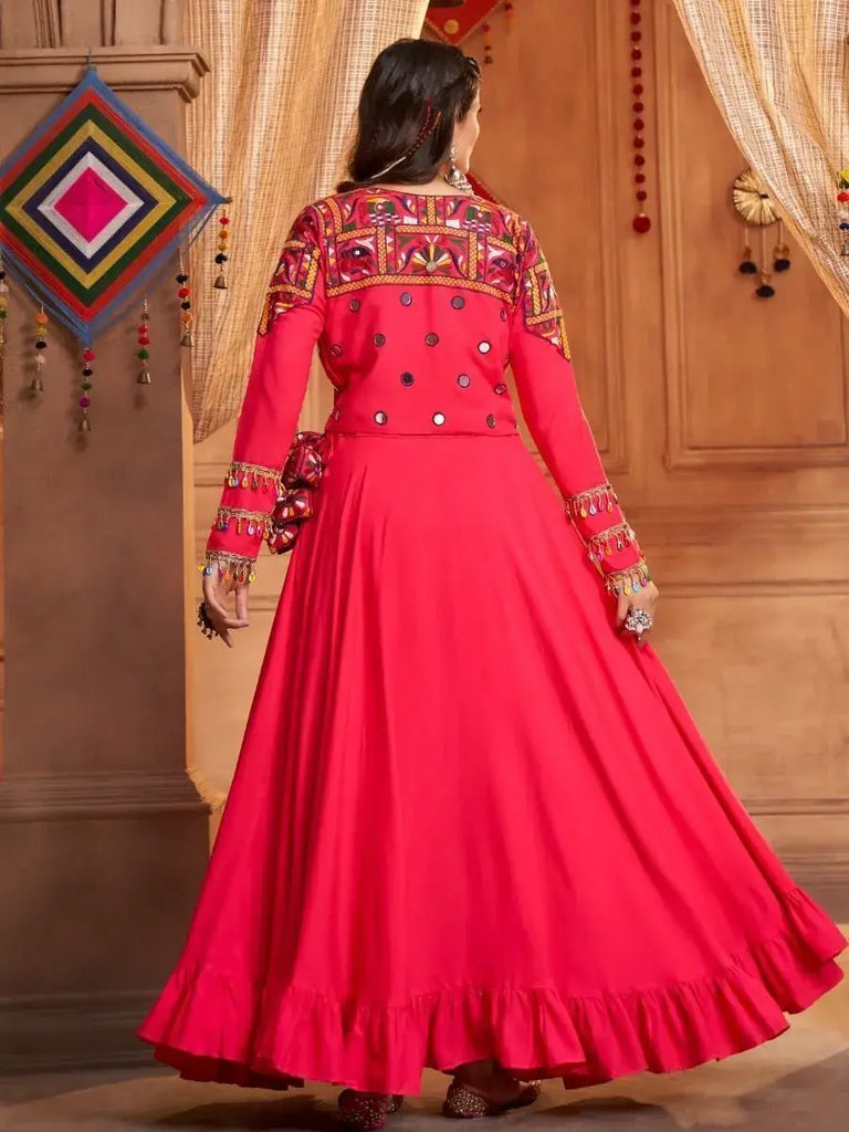 Stunning Pink Thread-Embroidered Rayon Navratri Lehenga Choli With Koti