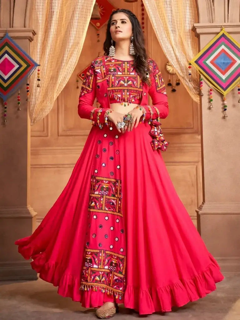 Stunning Pink Thread-Embroidered Rayon Navratri Lehenga Choli With Koti