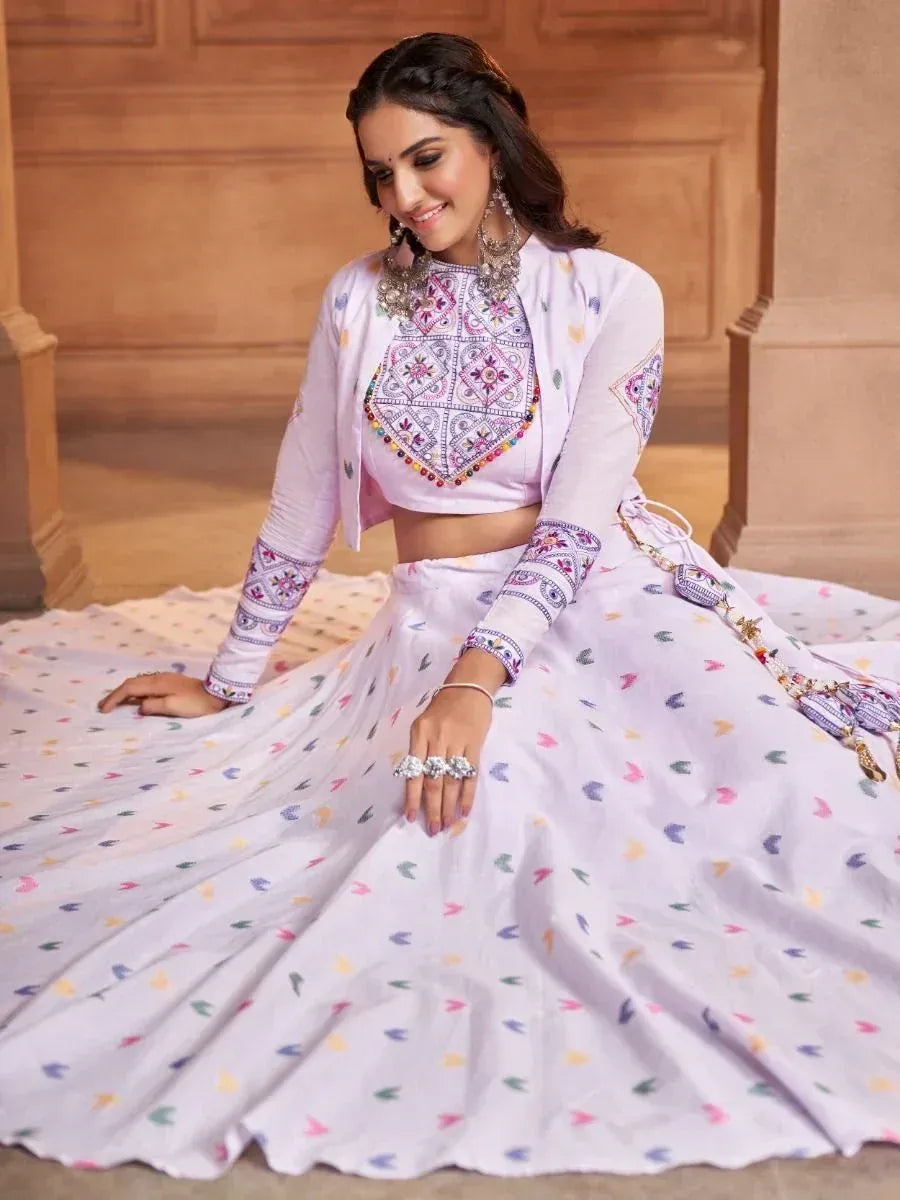 Elegant lavender lehenga choli with colorful embroidery, perfect for Indian ethnic occasions