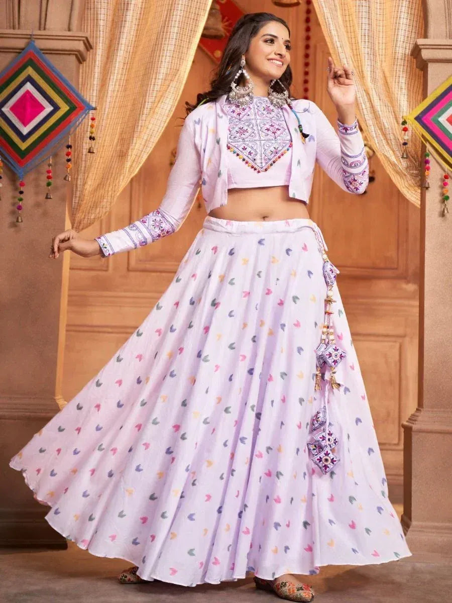 Light purple embroidered lehenga choli with colorful motifs, perfect for Indian ethnic wear occasions