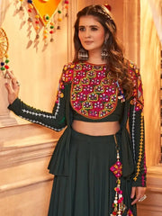 Gorgeous Green Thread Embroidered Rayon Navratri Lehenga Choli With Koti