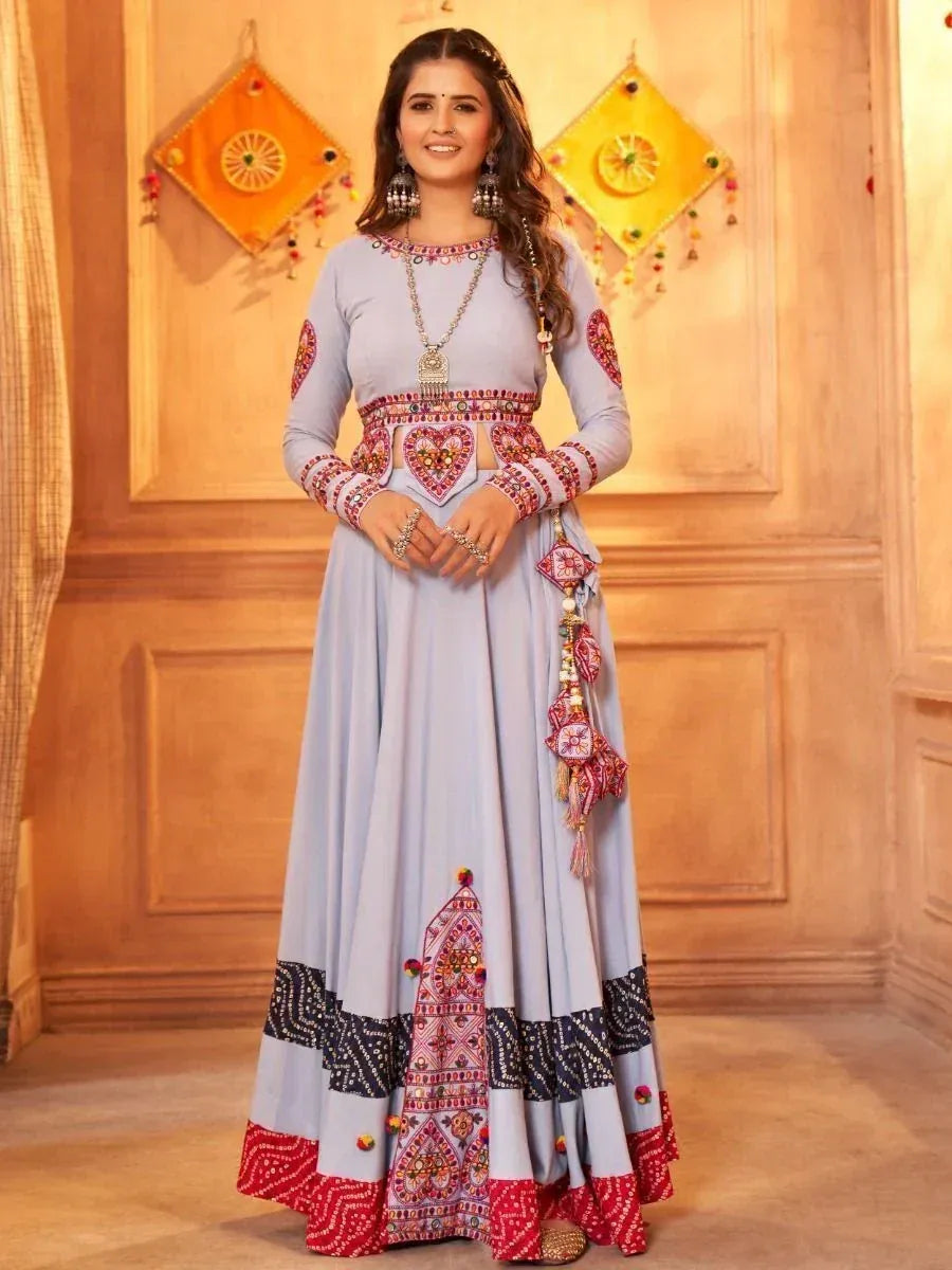 Light blue embroidered anarkali suit with mirror work, perfect for Indian ethnic wear occasions