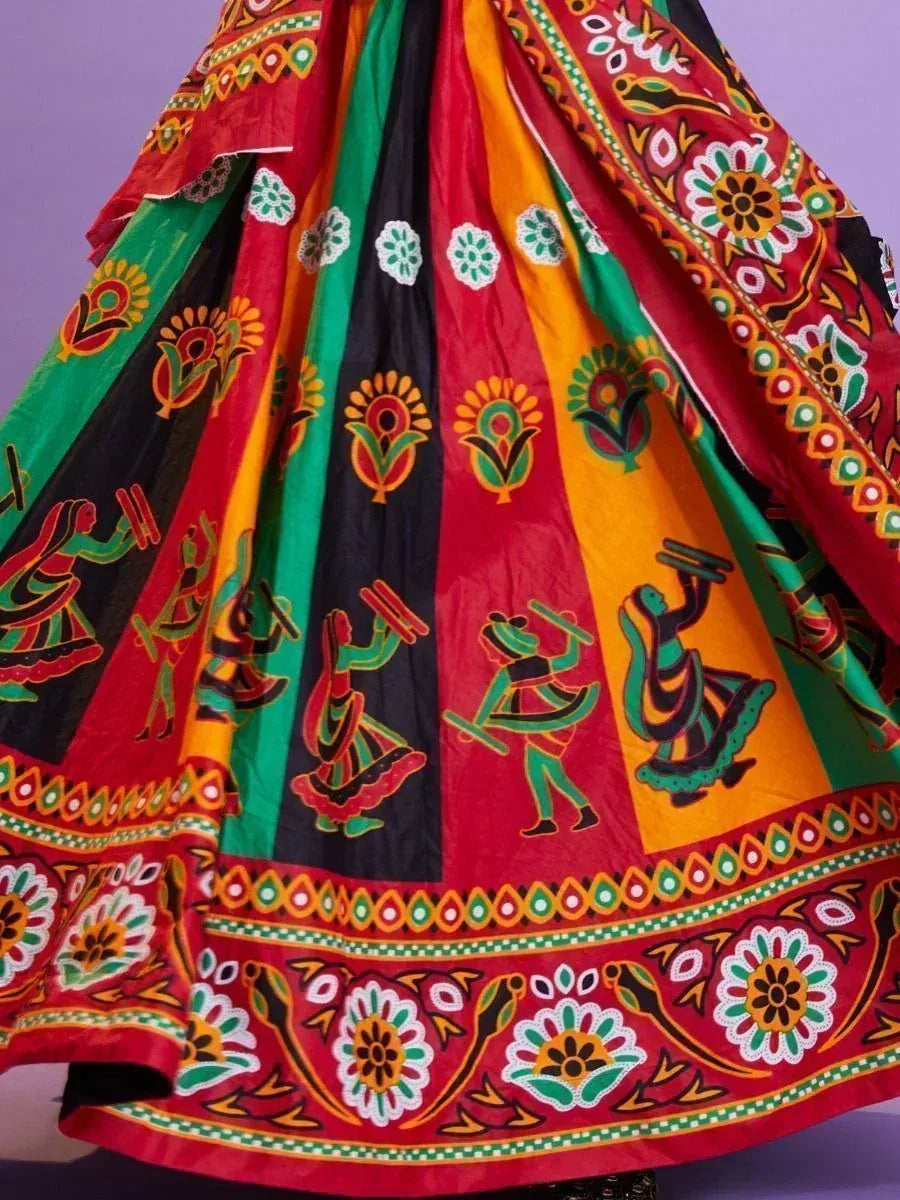 Vibrant Indian ethnic lehenga with colorful folk dance prints and floral borders, perfect for festive occasions.