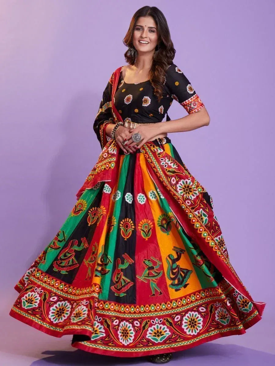 Colorful Indian ethnic lehenga choli with vibrant printed motifs and traditional embroidery, perfect for festive occasions.