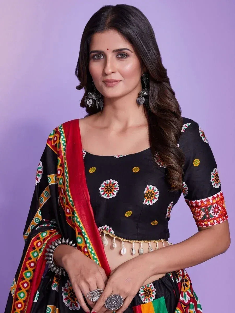 Black floral embroidered lehenga choli with colorful dupatta, ethnic Indian wear for women