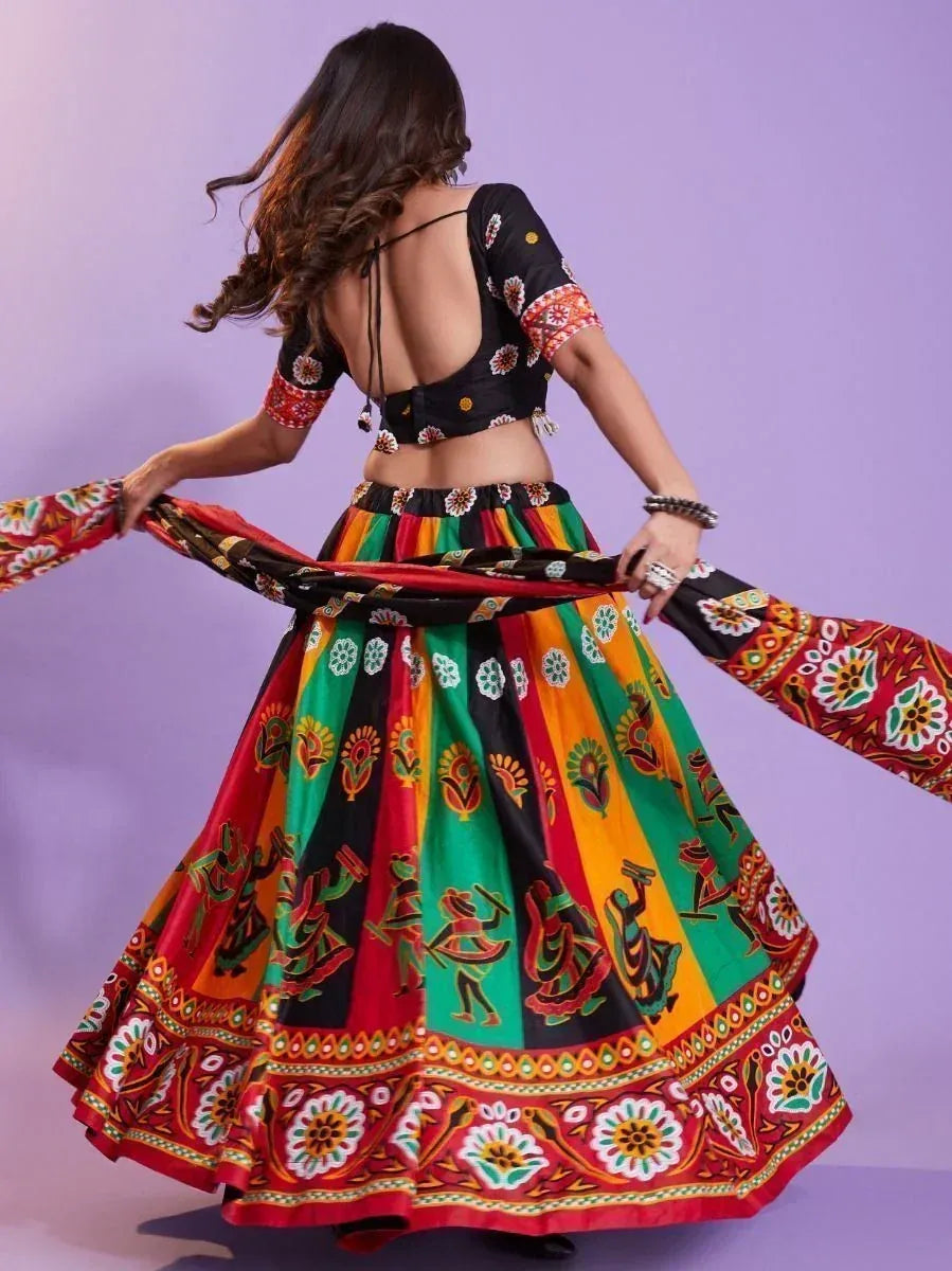 Woman in colorful Indian ethnic lehenga choli with floral and folk print, twirling against purple background