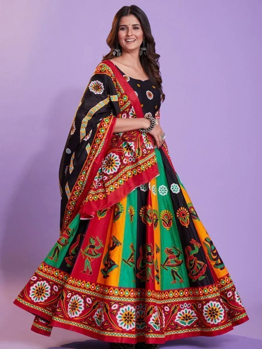 Colorful printed lehenga choli with floral and folk art designs, perfect for Indian ethnic wear