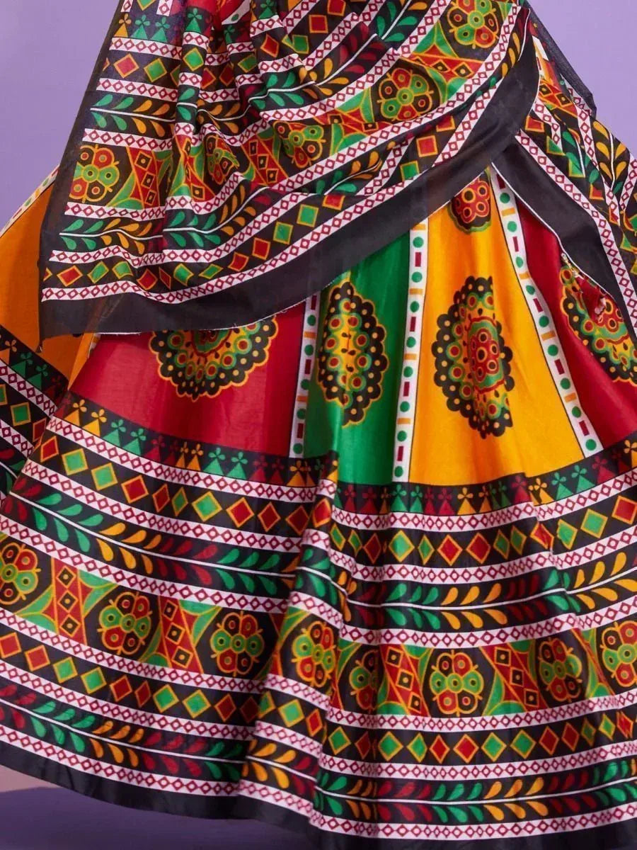Vibrant Indian ethnic lehenga with colorful geometric and floral patterns, perfect for festive occasions.