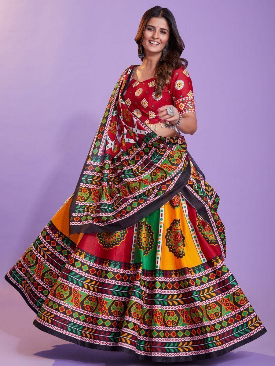 Vibrant printed lehenga choli with colorful ethnic patterns, perfect for festive occasions and traditional celebrations.