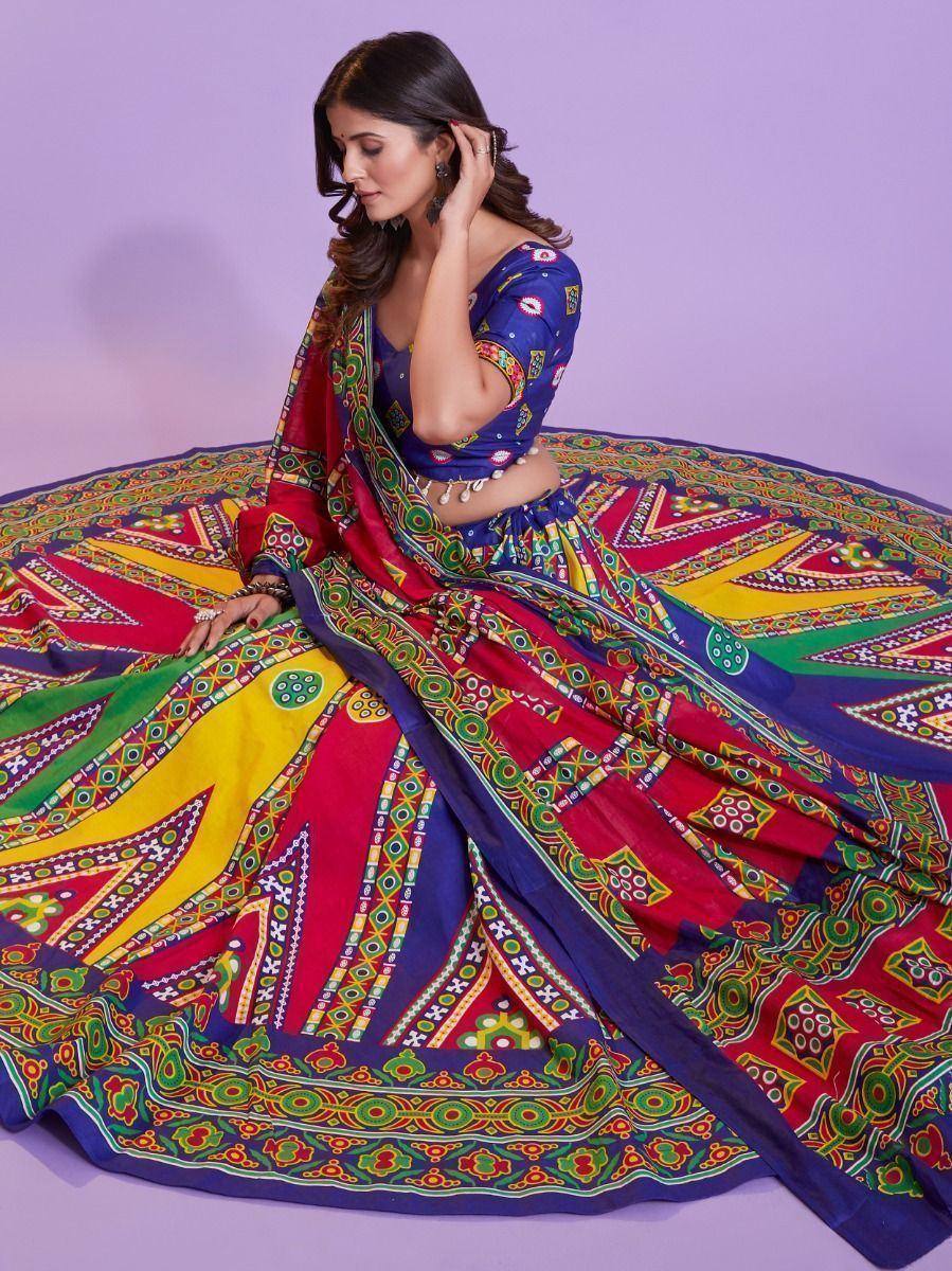 Vibrant Indian lehenga choli with colorful geometric prints, perfect for festive occasions and ethnic celebrations.