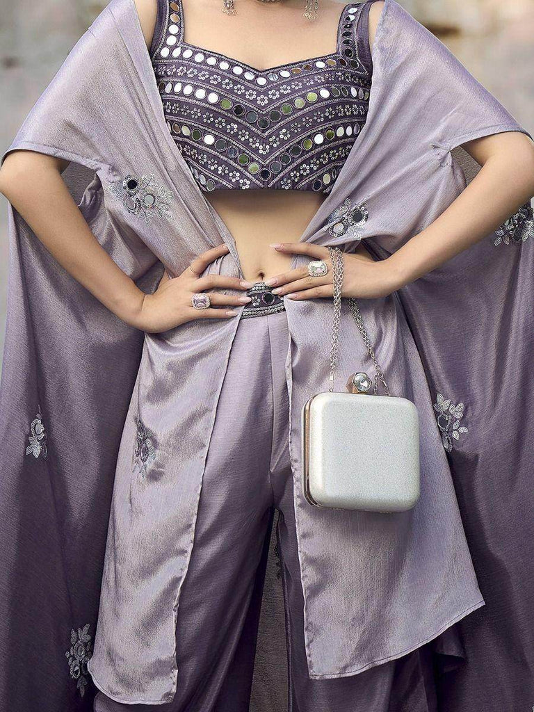 Ravishing Purple Embroidered Chinon Party Wear Palazzo Top With Shrug
