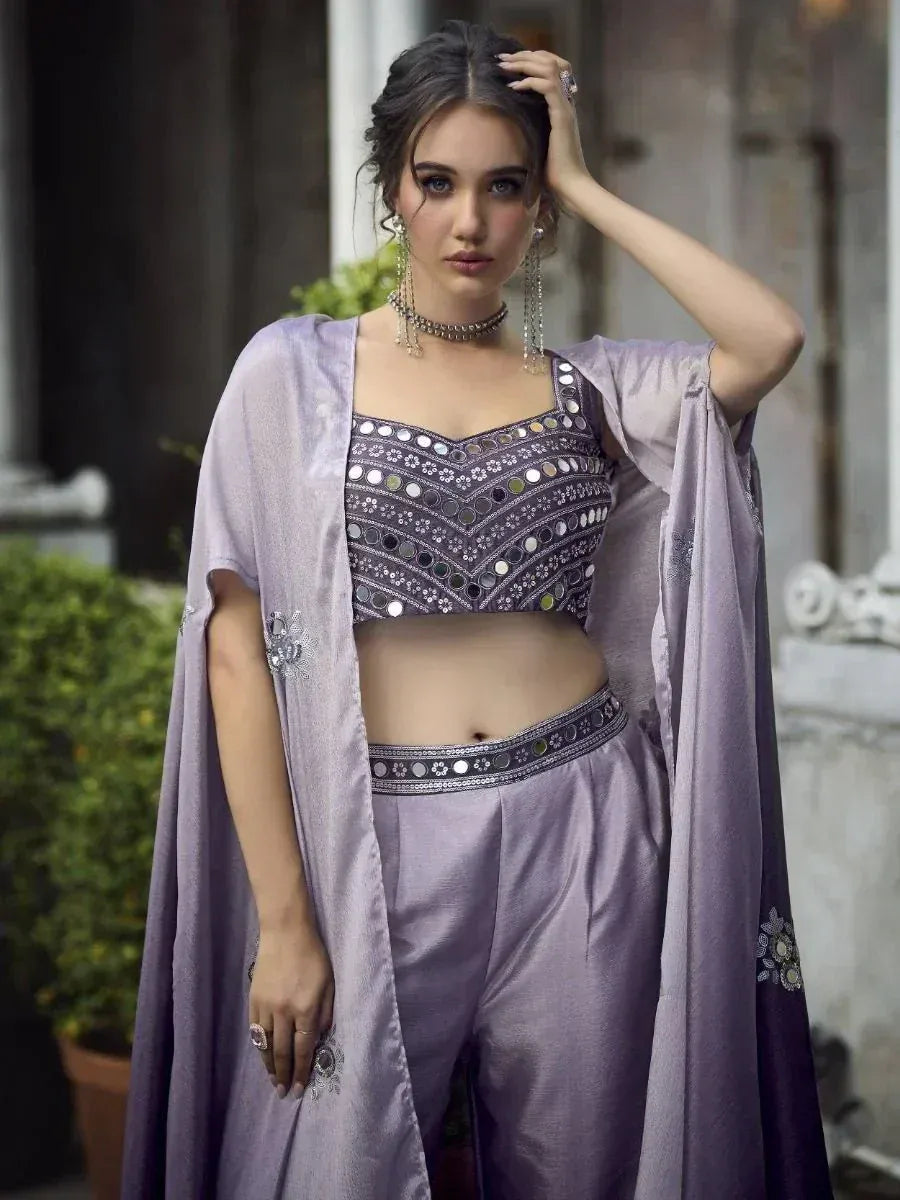 Lavender ethnic wear with mirror work blouse, palazzo pants, and dupatta for Indian occasions