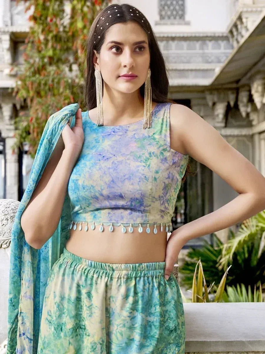 Woman in colorful printed ethnic crop top and palazzo pants with dupatta, perfect for Indian festive wear