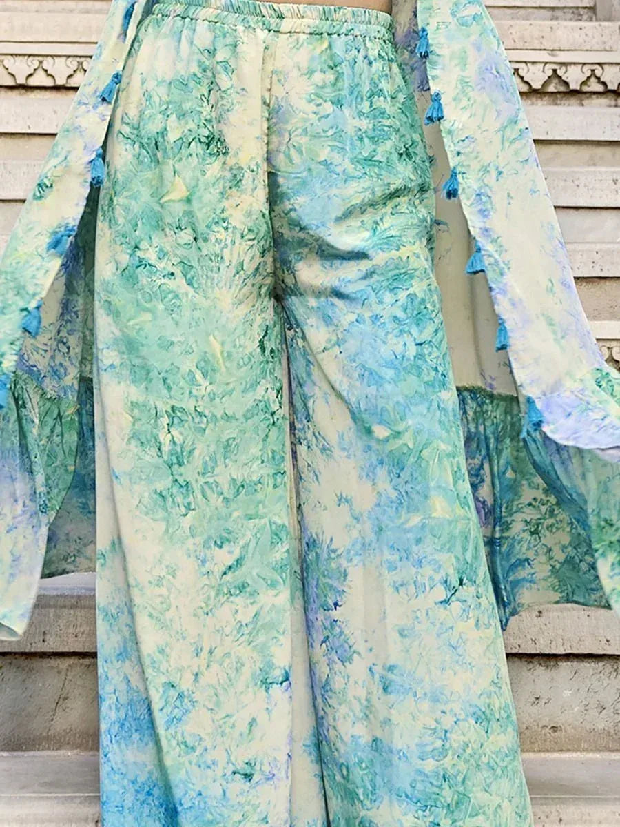 Blue and green floral print palazzo pants with tassel sleeves, ethnic wear for women
