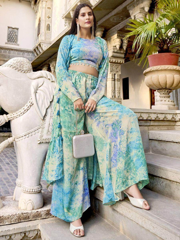Fashionable Sky Blue Printed Silk Party Wear Palazzo Top With Shrug