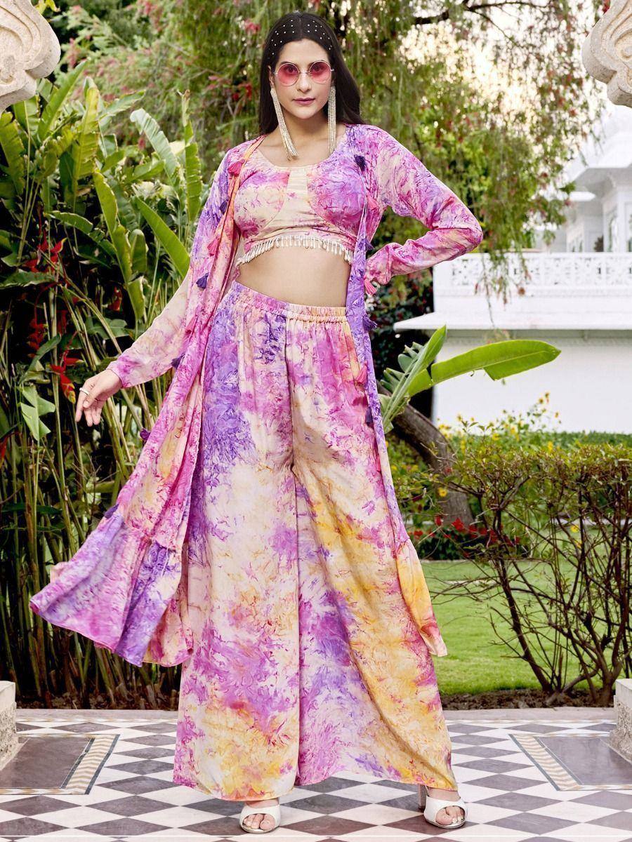 Vibrant tie-dye palazzo set with crop top and drape, perfect for ethnic occasions