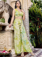 Captivating Green Printed Silk Party Wear Palazzo Top With Shrug
