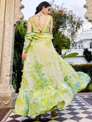 Captivating Green Printed Silk Party Wear Palazzo Top With Shrug