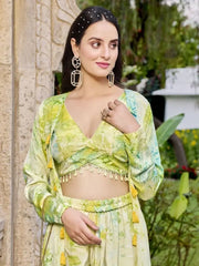 Captivating Green Printed Silk Party Wear Palazzo Top With Shrug