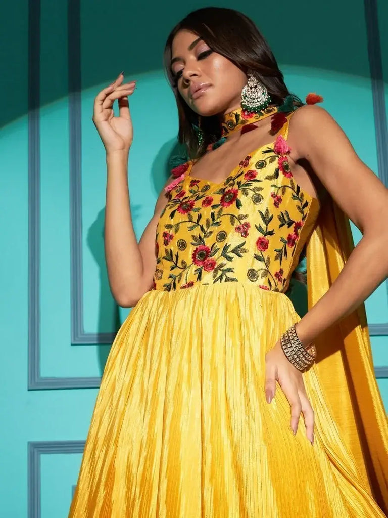 Sun-Kissed Yellow Thread Embroidered Chinon Haldi Gown with Dupatta