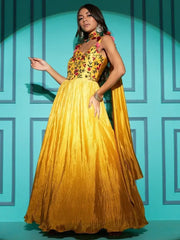 Sun-Kissed Yellow Thread Embroidered Chinon Haldi Gown with Dupatta