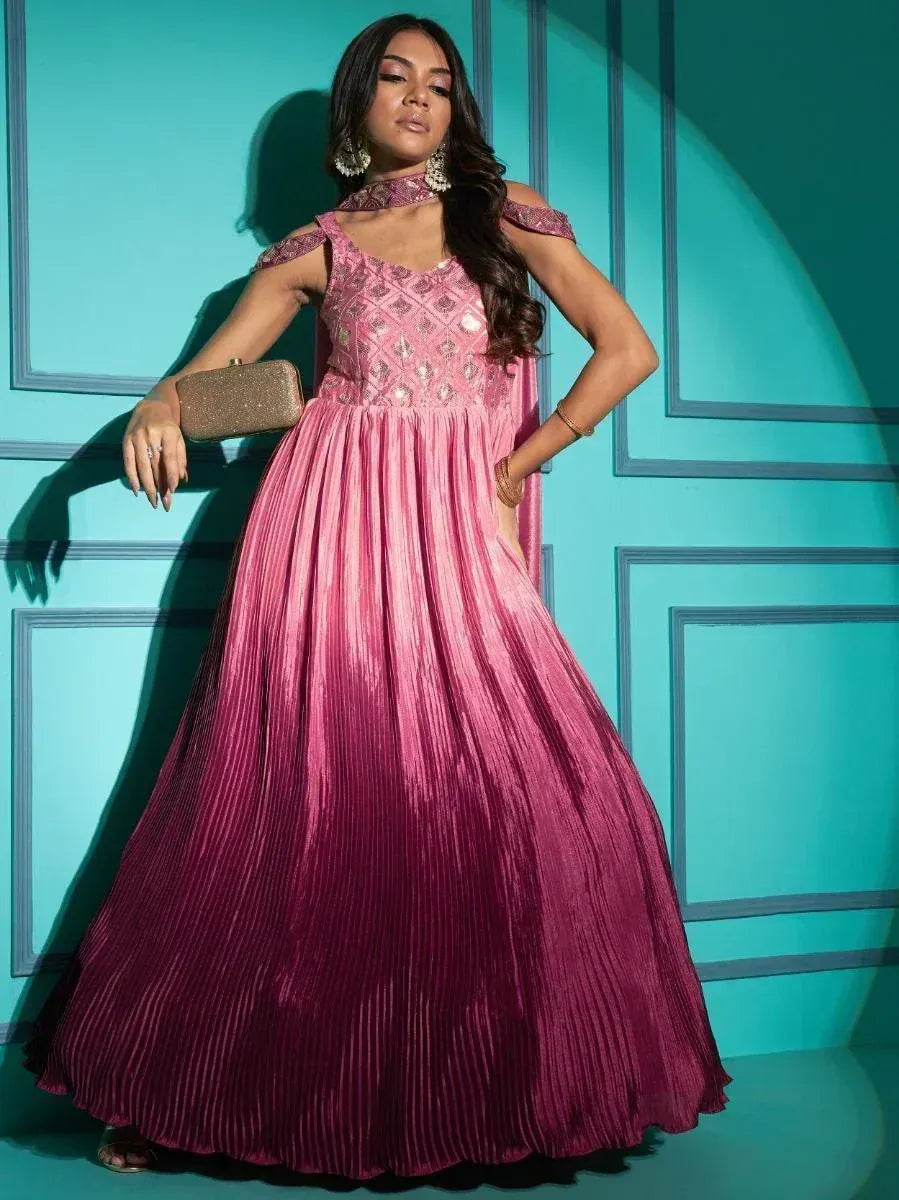 Pink embroidered ethnic gown with pleated skirt, perfect for Indian festive occasions