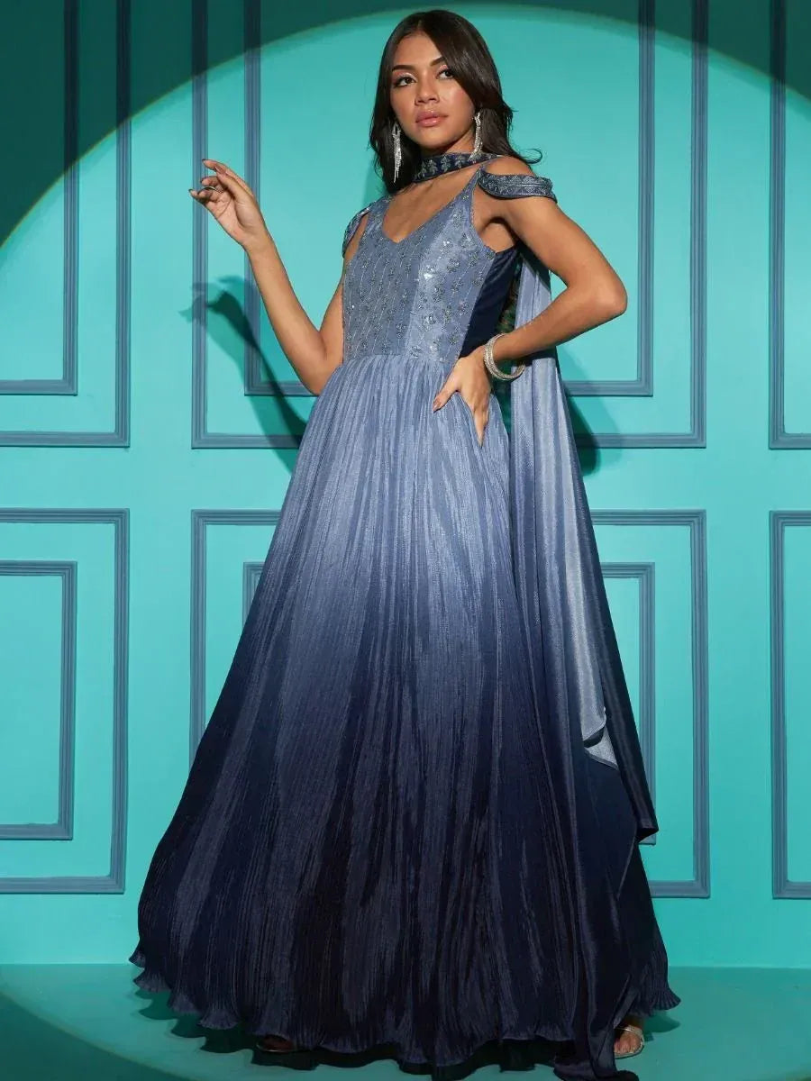 Blue ombre ethnic gown with embellished bodice and cold shoulder sleeves, perfect for Indian occasions
