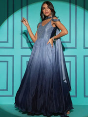 Graceful Blue Embroidered Chinon Occasion Gown with Dupatta