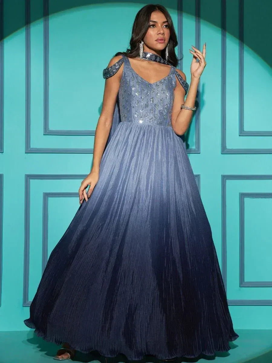 Blue ombre ethnic gown with sequin bodice and cold shoulder sleeves, perfect for Indian festive occasions
