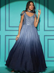 Graceful Blue Embroidered Chinon Occasion Gown with Dupatta