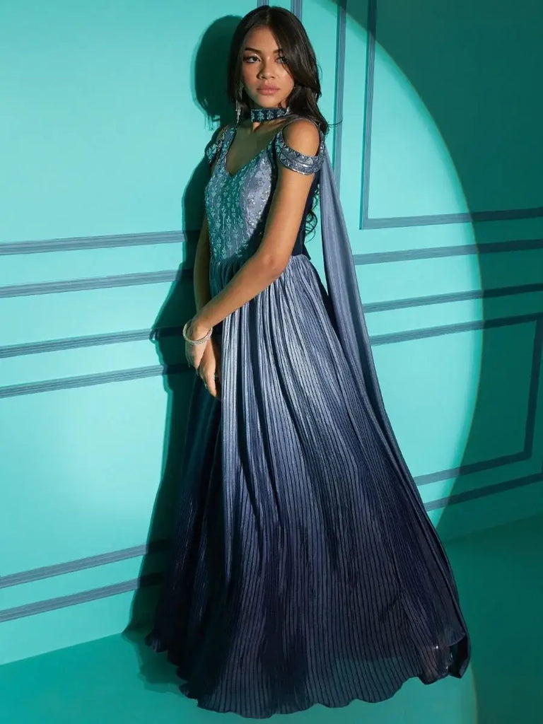 Graceful Blue Embroidered Chinon Occasion Gown with Dupatta