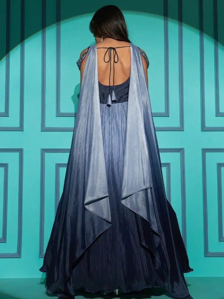 Graceful Blue Embroidered Chinon Occasion Gown with Dupatta