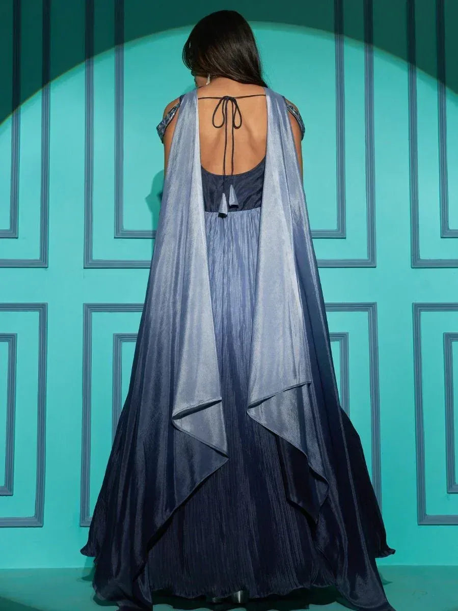 Blue ethnic gown with back tie and flowing cape, perfect for Indian occasions