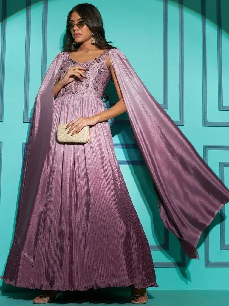 Purple ethnic gown with cape, pleated skirt, and floral embroidery for women