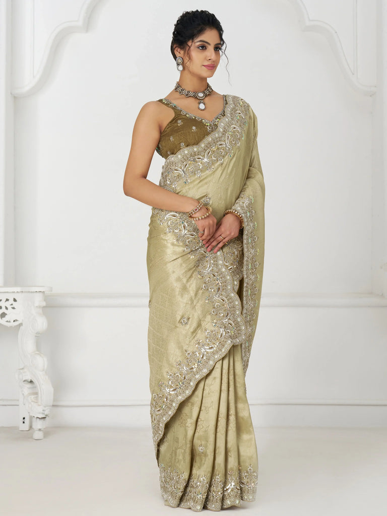 Fabulous Pista Green Viscose Silk Border Work Wedding Wear Saree