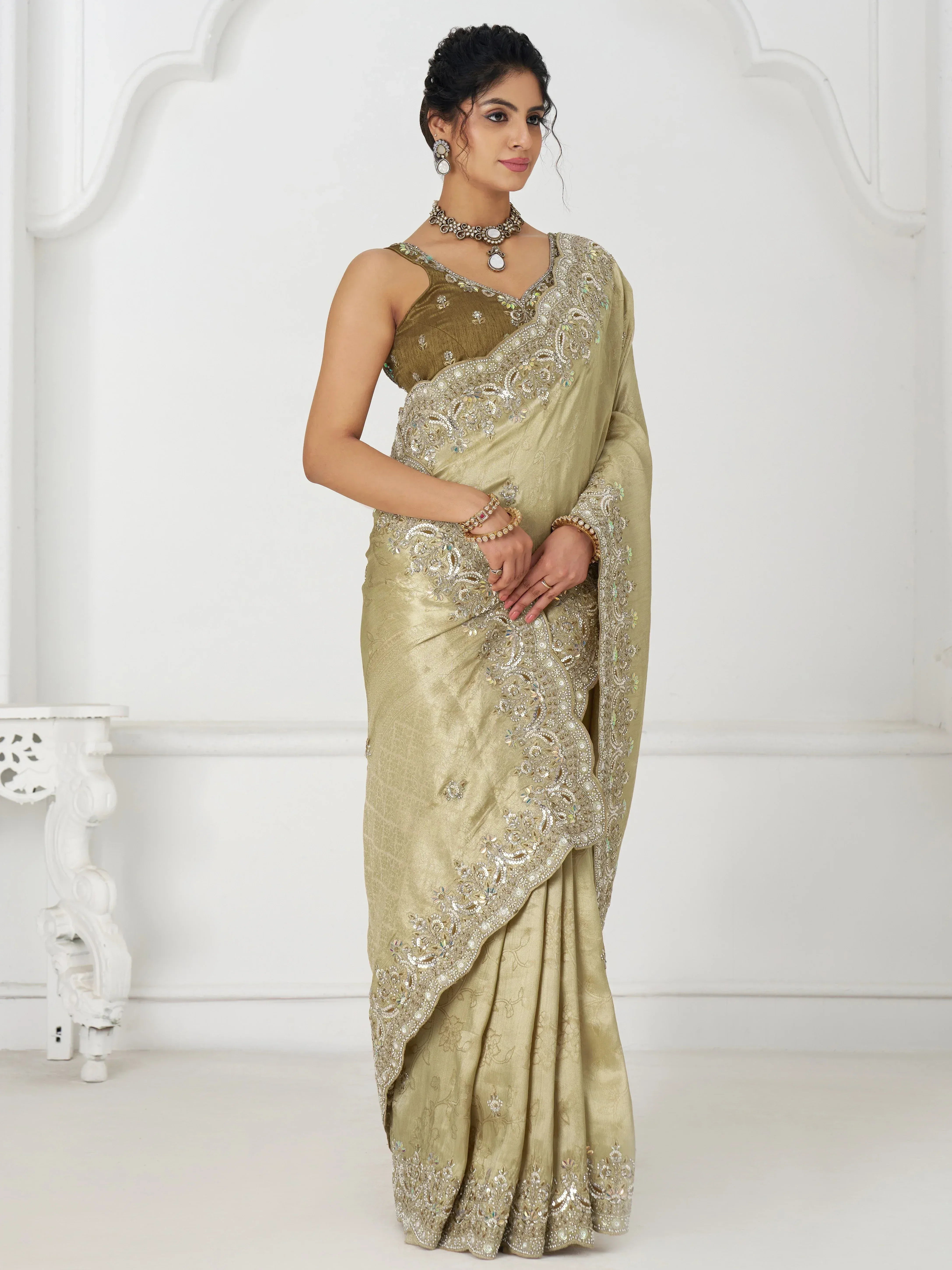 Fabulous Pista Green Viscose Silk Border Work Wedding Wear Saree