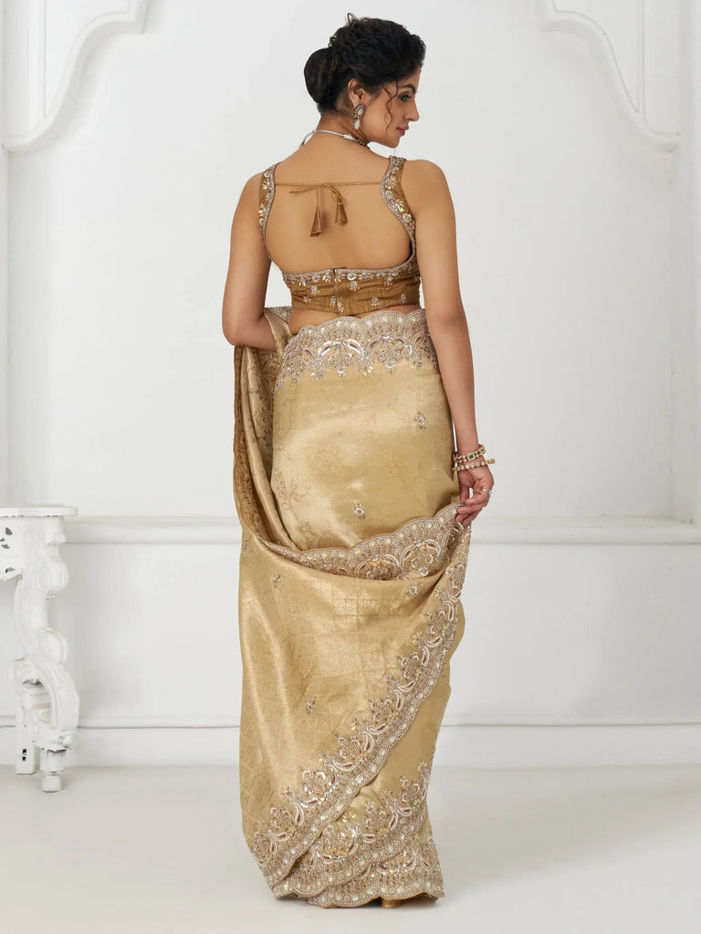 Fantastic Gold Viscose Silk Bead Work Bridal Wear Saree With Blouse