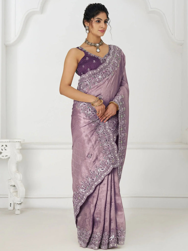 Precious Mauve Viscose Silk Sequins Work Reception Wear Saree With Blouse