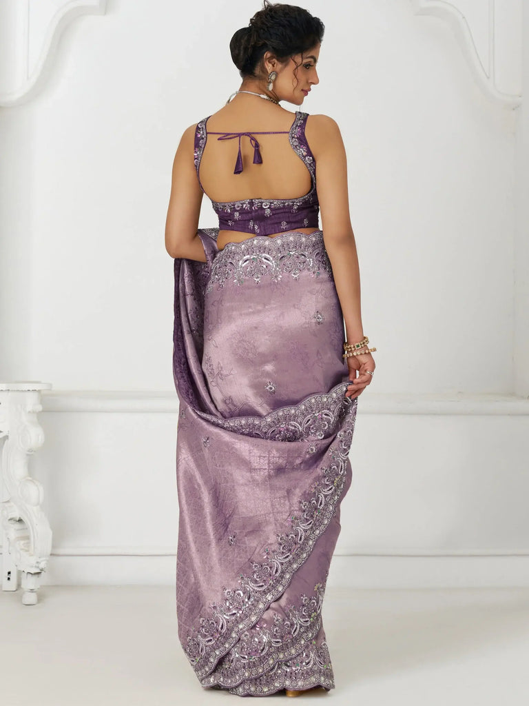 Precious Mauve Viscose Silk Sequins Work Reception Wear Saree With Blouse