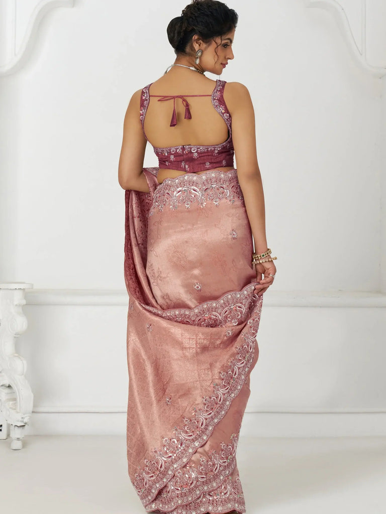 Gorgeous Pink Viscose Silk Sequins Work Engagement Wear Saree