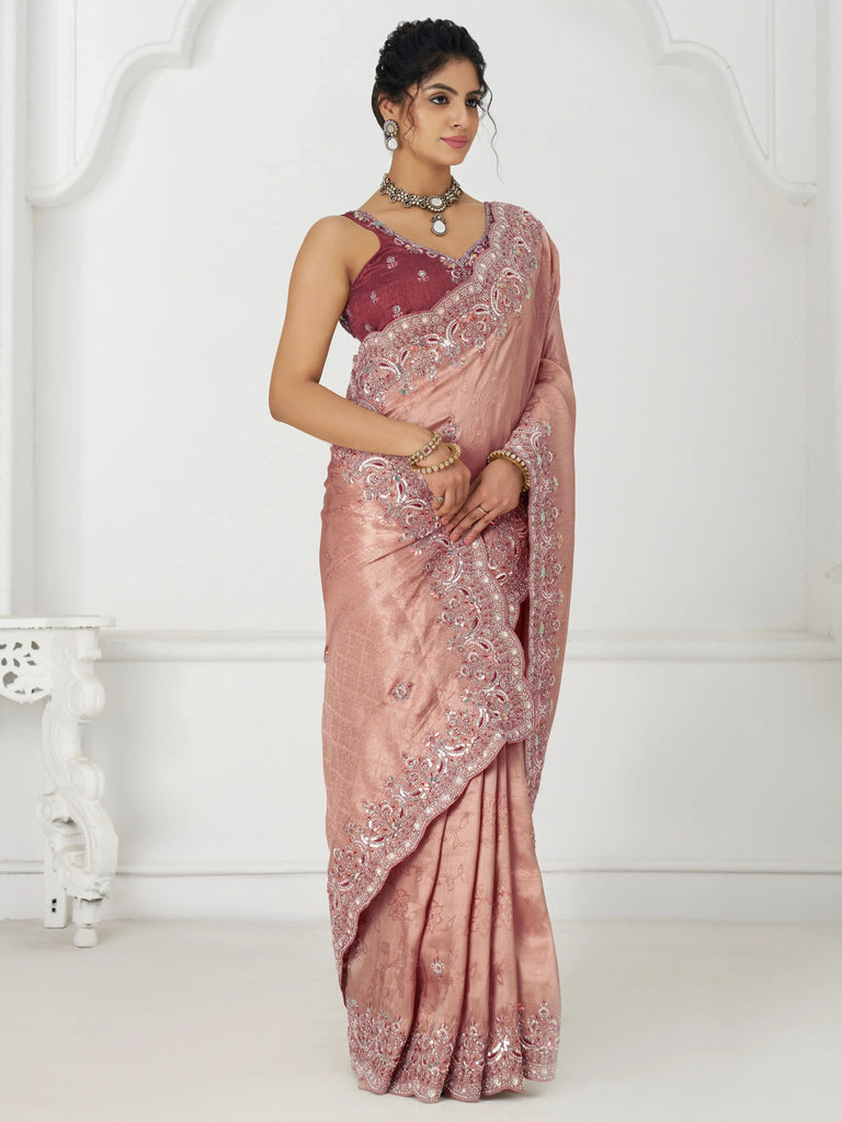 Gorgeous Pink Viscose Silk Sequins Work Engagement Wear Saree