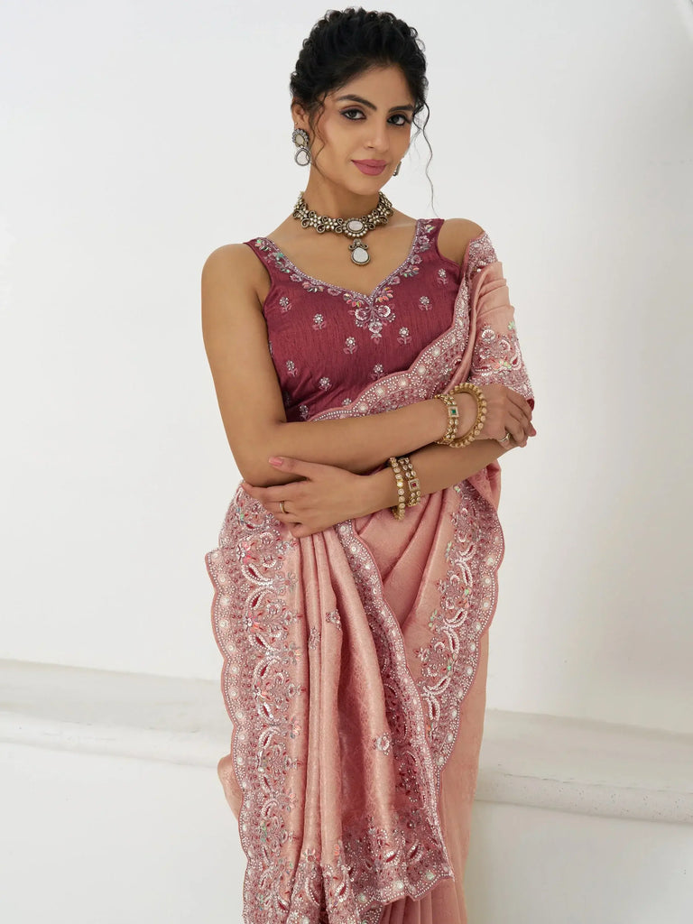 Gorgeous Pink Viscose Silk Sequins Work Engagement Wear Saree