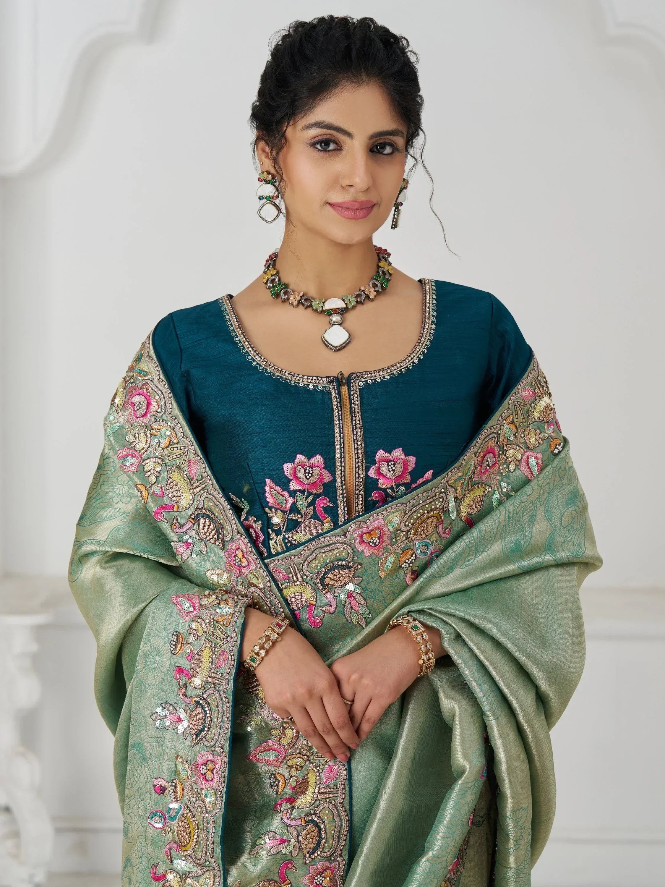 Teal embroidered kurta with green floral dupatta, Indian ethnic wear for women