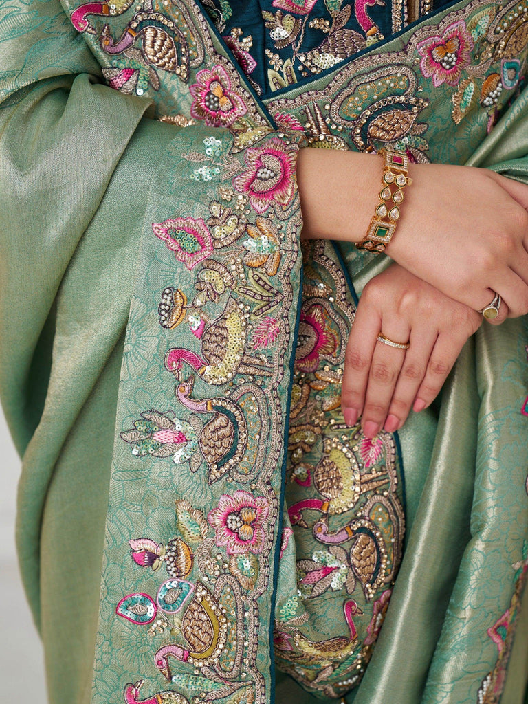 Amazing Green Multi-Thread Work Viscose Silk Wedding Wear Saree