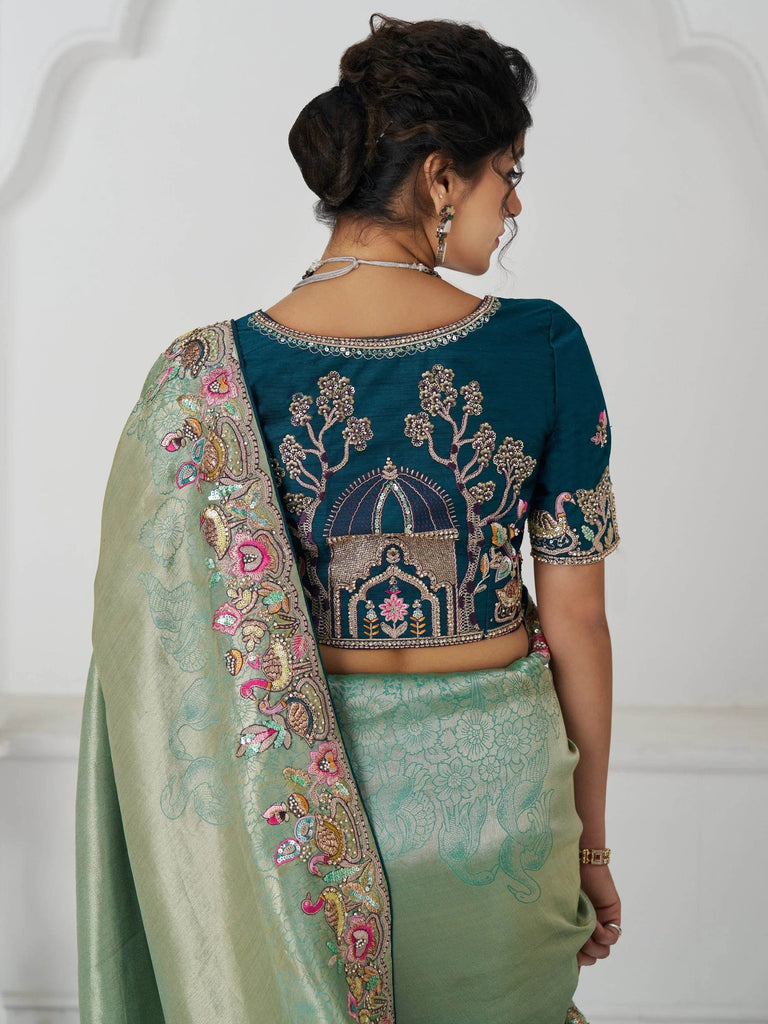 Amazing Green Multi-Thread Work Viscose Silk Wedding Wear Saree